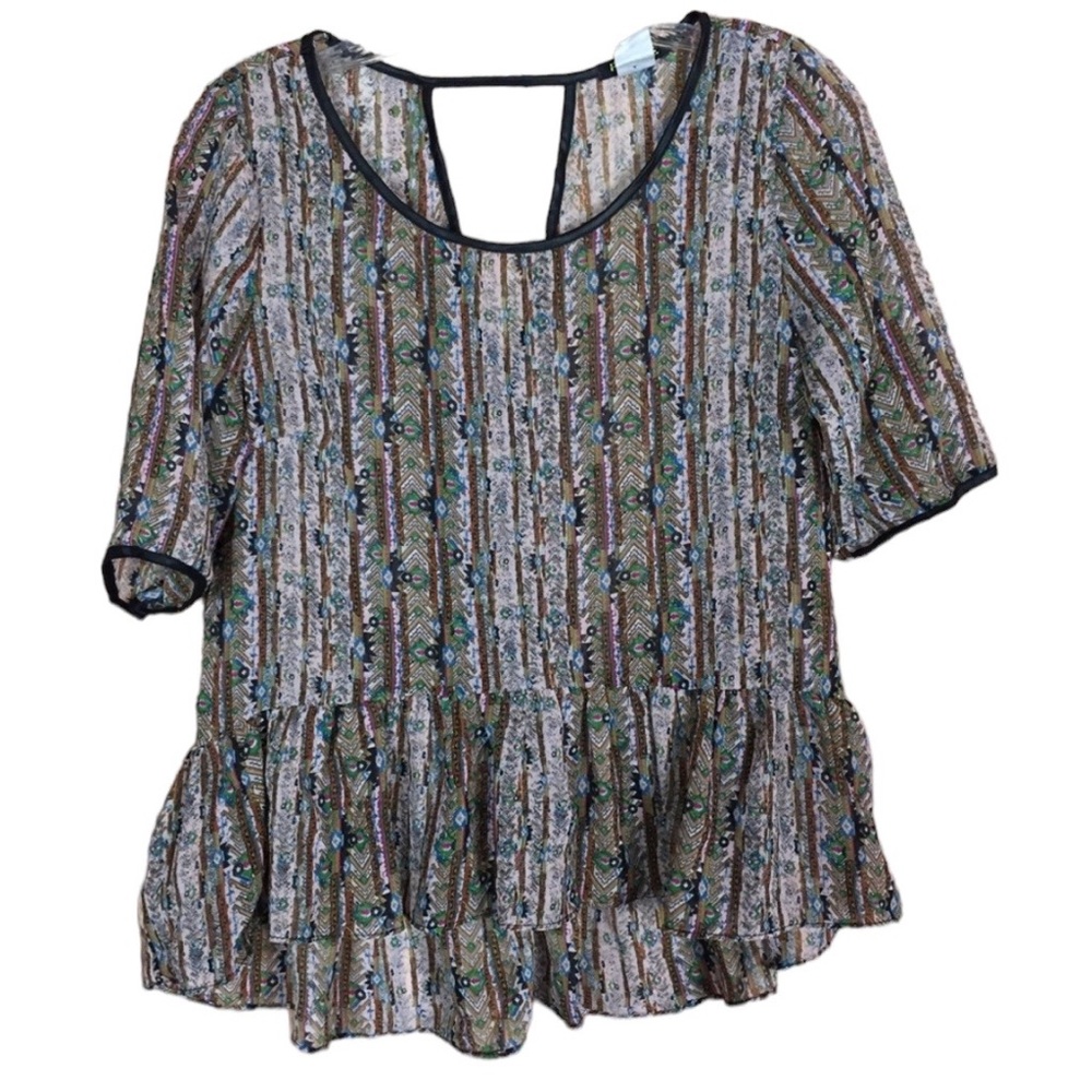 Feline Abstract Colorful Aztec Tribal Vegan Leather Peplum Blouse Lightweight Sm